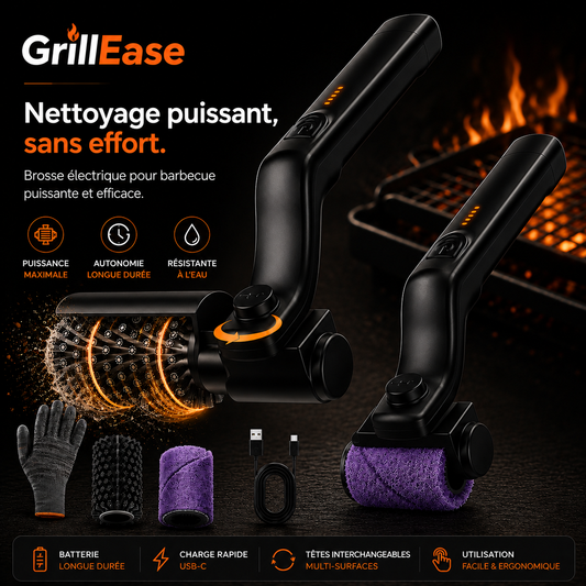 Brosse électrique BBQ GrillEase — pack complet avec 2 têtes, gants et câble USB-C